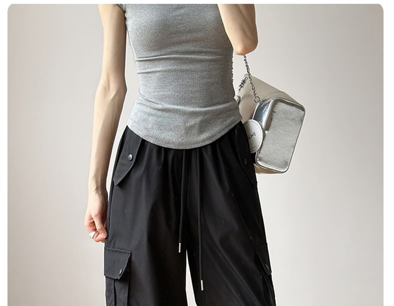 High Rise Plain Drawstring Baggy Cargo Pants