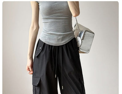 High Rise Plain Drawstring Baggy Cargo Pants