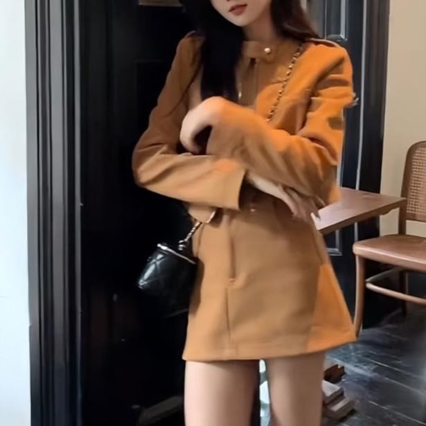 Faux Suede Zip Jacket & High Waist Mini A-Line Skirt Set
