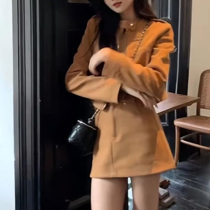 Faux Suede Zip Jacket & High Waist Mini A-Line Skirt Set