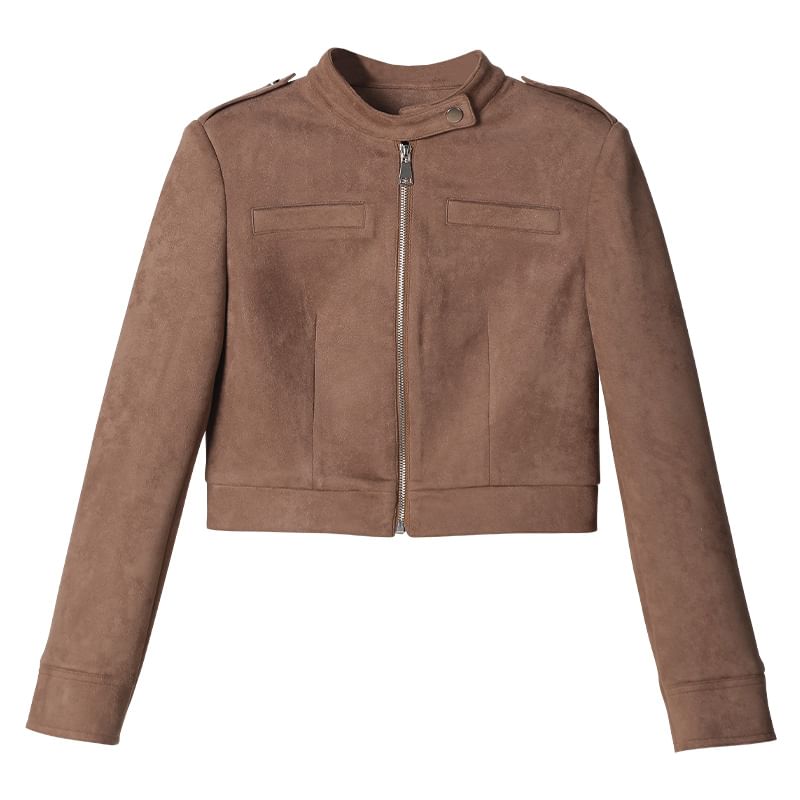 Faux Suede Zip Jacket & High Waist Mini A-Line Skirt Set