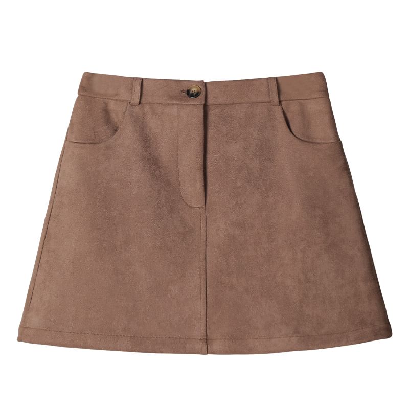 Faux Suede Zip Jacket & High Waist Mini A-Line Skirt Set
