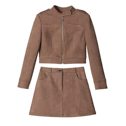 Faux Suede Zip Jacket & High Waist Mini A-Line Skirt Set