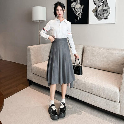 Asymmetrical Pleated High Waist Midi A-Line Skirt