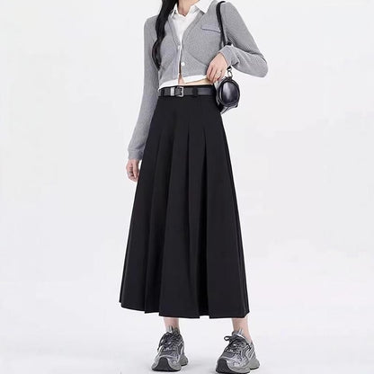 Pleated High Waist Midi A-Line Skirt in Plain Style