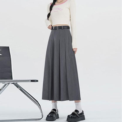 Pleated High Waist Midi A-Line Skirt in Plain Style