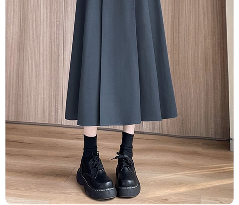 Pleated High Waist Midi A-Line Skirt in Plain Style
