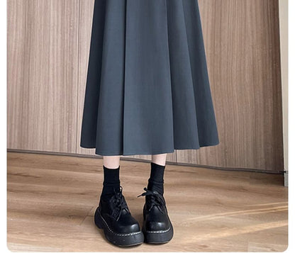 Pleated High Waist Midi A-Line Skirt in Plain Style