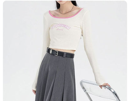 Pleated High Waist Midi A-Line Skirt in Plain Style