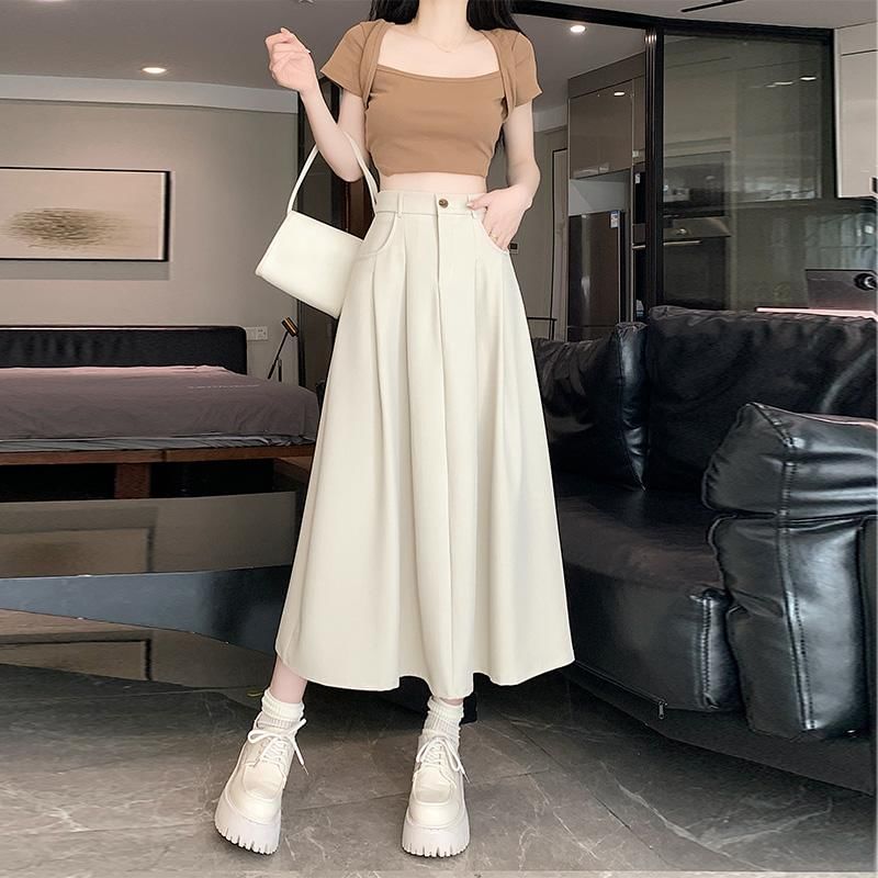 Pleated High Rise Midi A-Line Skirt in Plain Design