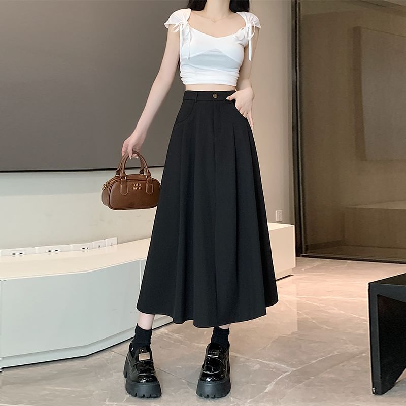 Pleated High Rise Midi A-Line Skirt in Plain Design