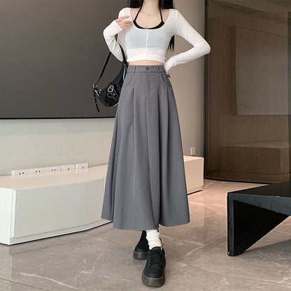Pleated High Rise Midi A-Line Skirt in Plain Design