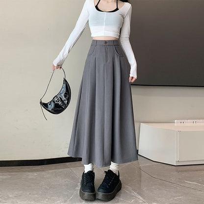 Pleated High Rise Midi A-Line Skirt in Plain Design