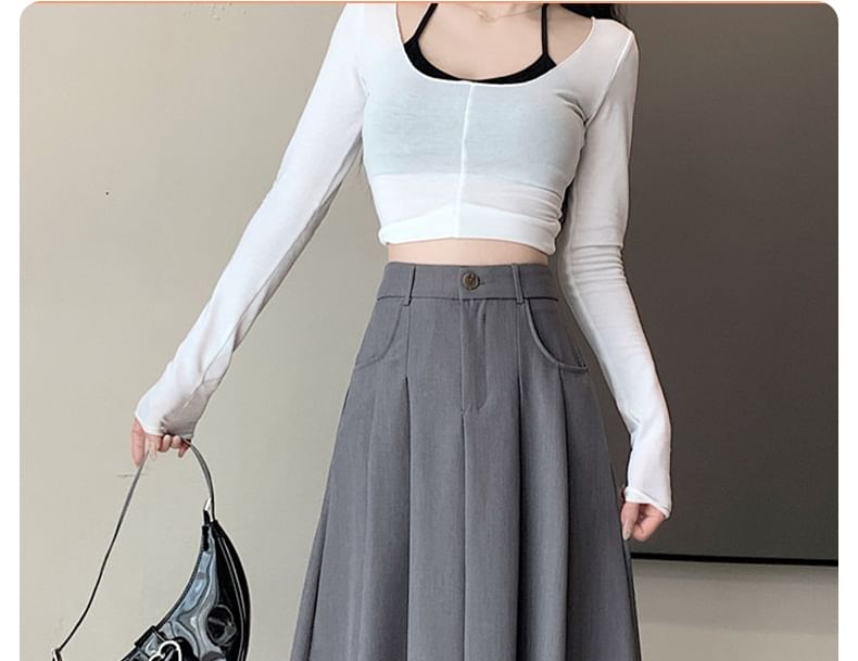 Pleated High Rise Midi A-Line Skirt in Plain Design