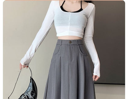 Pleated High Rise Midi A-Line Skirt in Plain Design