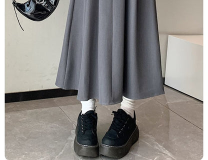 Pleated High Rise Midi A-Line Skirt in Plain Design