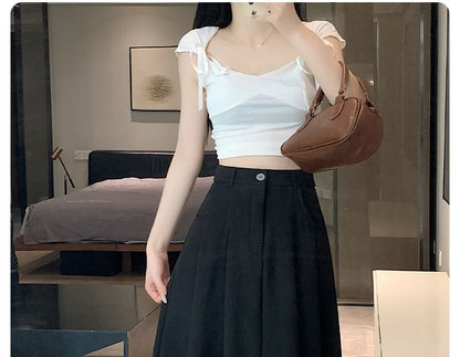 Pleated High Rise Midi A-Line Skirt in Plain Design