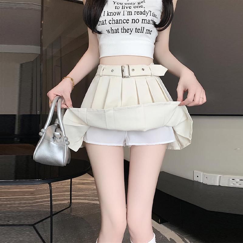 Asymmetrical Pleated Belted High Waist Mini A-Line Skirt