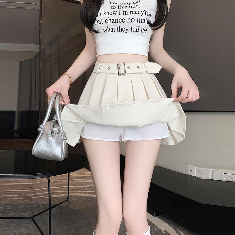 Asymmetrical Pleated Belted High Waist Mini A-Line Skirt