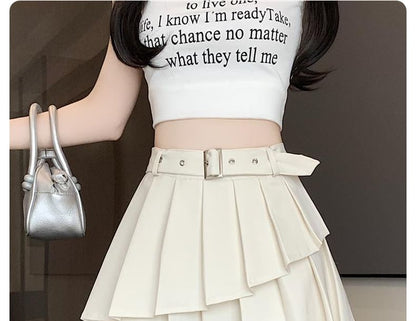 Asymmetrical Pleated Belted High Waist Mini A-Line Skirt