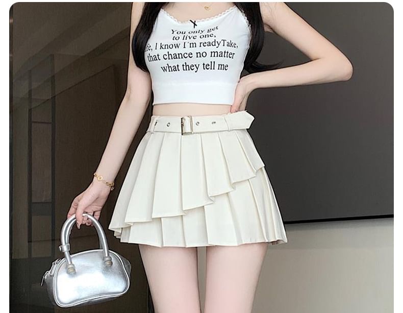 Asymmetrical Pleated Belted High Waist Mini A-Line Skirt