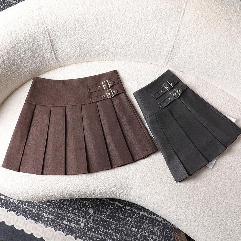 Pleated Buckled High Waist Mini A-Line Skirt
