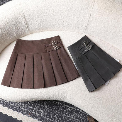 Pleated Buckled High Waist Mini A-Line Skirt