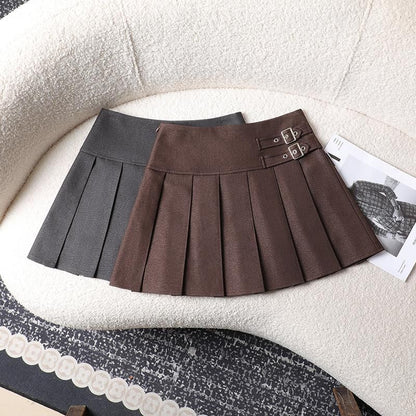 Pleated Buckled High Waist Mini A-Line Skirt