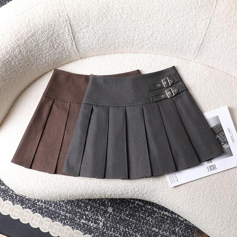 Pleated Buckled High Waist Mini A-Line Skirt