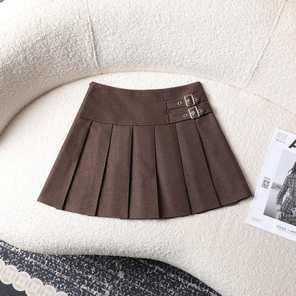 Pleated Buckled High Waist Mini A-Line Skirt