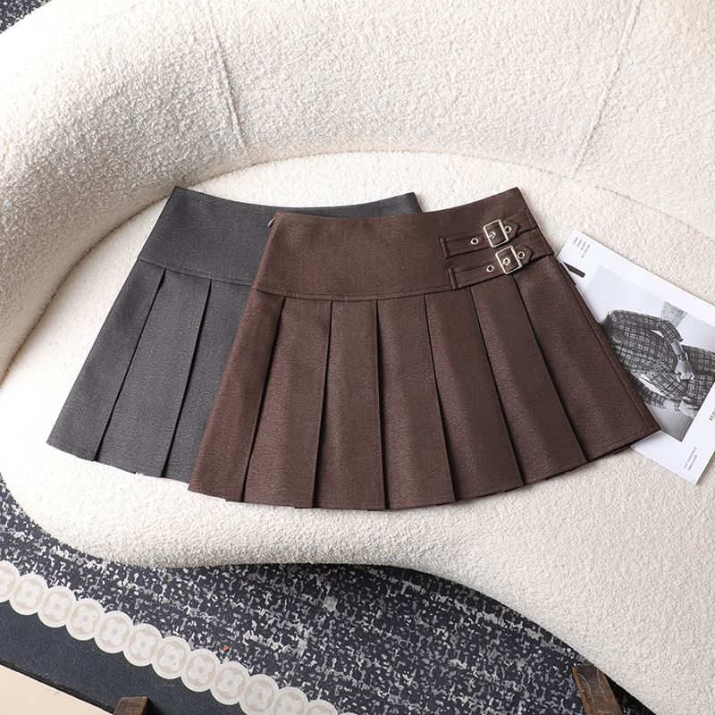 Pleated Buckled High Waist Mini A-Line Skirt
