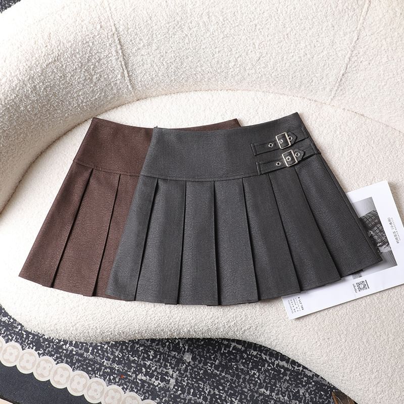 Pleated Buckled High Waist Mini A-Line Skirt