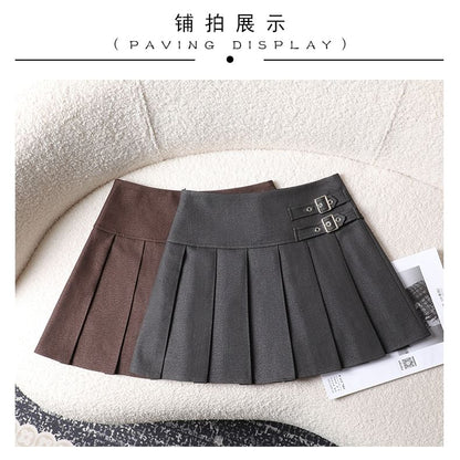 Pleated Buckled High Waist Mini A-Line Skirt
