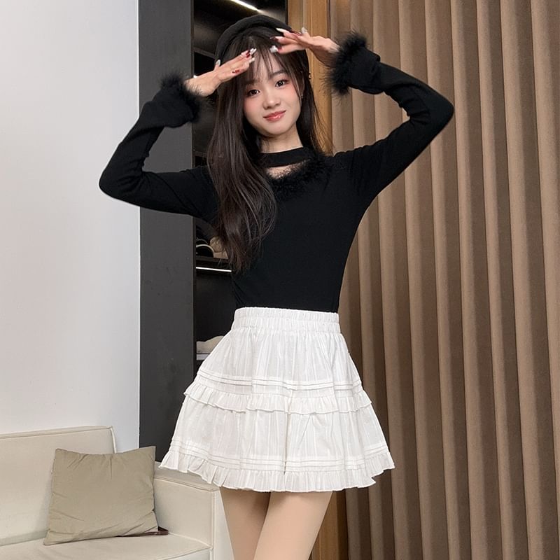 Dotted Ruffled High Rise Mini A-Line Skirt