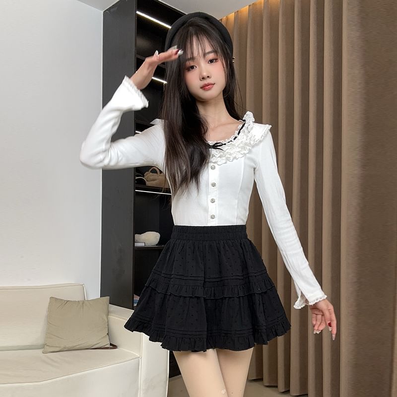 Dotted Ruffled High Rise Mini A-Line Skirt
