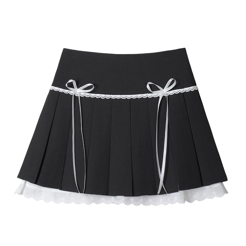 Pleated Eyelet Lace Trim High Waist Mini A-Line Skirt