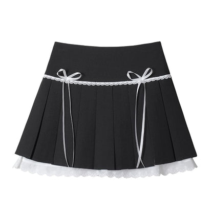 Pleated Eyelet Lace Trim High Waist Mini A-Line Skirt