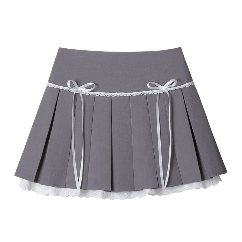 Pleated Eyelet Lace Trim High Waist Mini A-Line Skirt