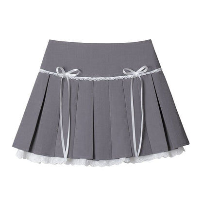 Pleated Eyelet Lace Trim High Waist Mini A-Line Skirt
