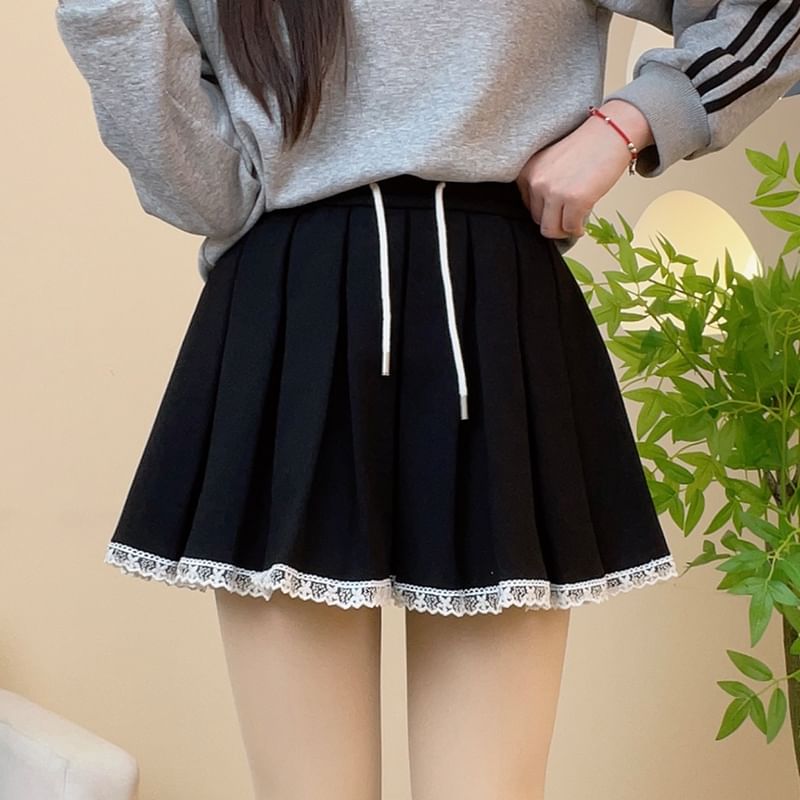 Pleated Lace Trim High Rise Mini A-Line Skirt