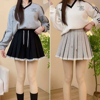 Pleated Lace Trim High Rise Mini A-Line Skirt