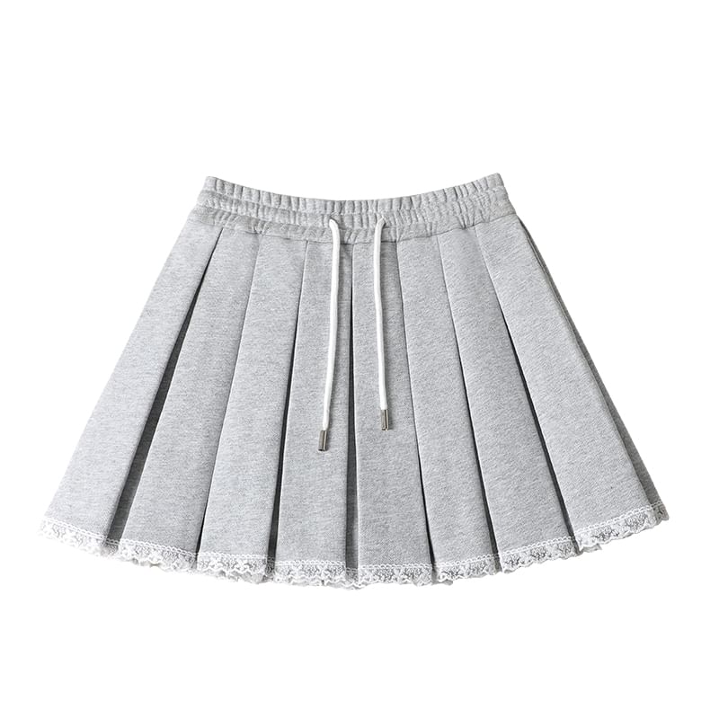 Pleated Lace Trim High Rise Mini A-Line Skirt