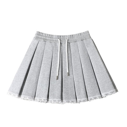 Pleated Lace Trim High Rise Mini A-Line Skirt