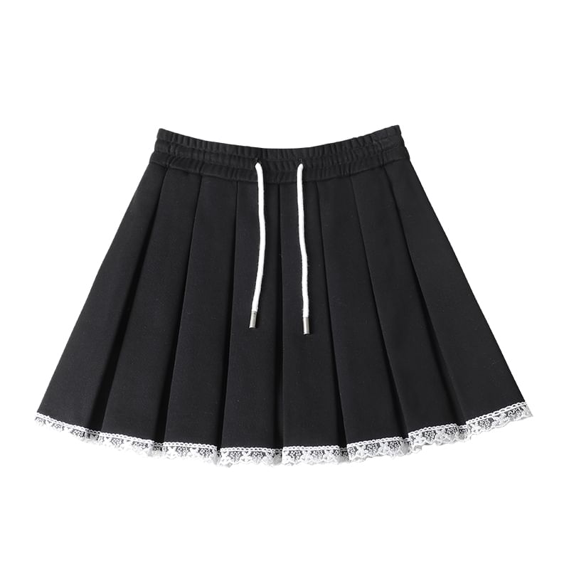 Pleated Lace Trim High Rise Mini A-Line Skirt