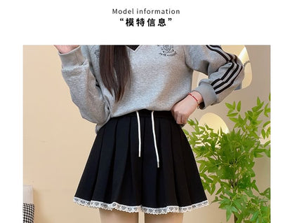 Pleated Lace Trim High Rise Mini A-Line Skirt