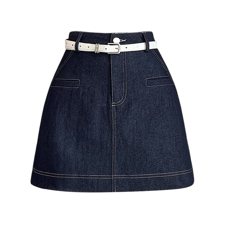 Contrast Stitch Denim Mini Skirt with High Rise