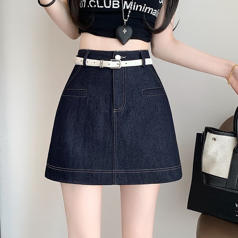 Contrast Stitch Denim Mini Skirt with High Rise