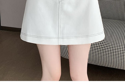 Contrast Stitch Denim Mini Skirt with High Rise