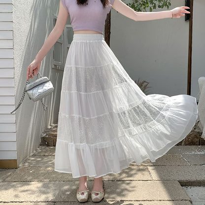 Tiered Lace Midi Skirt with Comfortable Elastic Waist