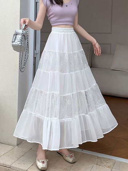 Tiered Lace Midi Skirt with Comfortable Elastic Waist